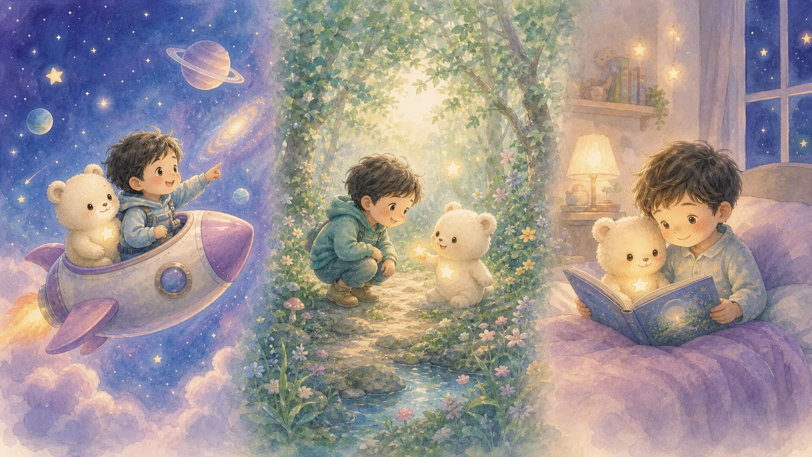 宇宙・森・おうちの3つの場面で、同じ相棒キャラが子どもと一緒にいる様子